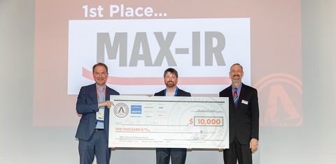 Jenoptik’s Ralf Kuschnereit, 2025 SPIE Startup Challenge winner Max-IR Lab's Trey Daunis, and 2025 SPIE President Peter de Groot.