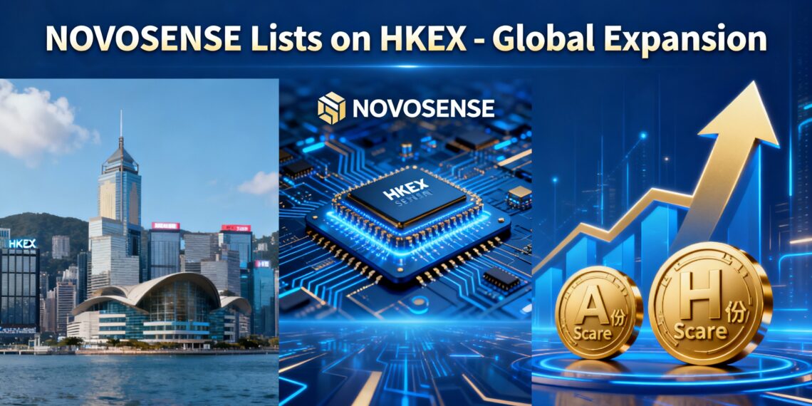 HKEX skyline left, NOVOSENSE semiconductor logo center, A/H-share icons right, upward arrow, "NOVOSENSE Lists on HKEX - Global Expansion"