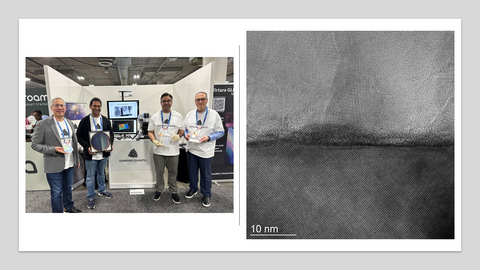 The Diamond Quanta team at CES 2026 holding Adamantine Optics™ & Adamantine Thermal Products™ and High-Resolution TEM image of DQ's high quality diamond stack interface