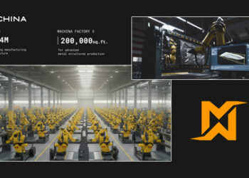 A split image of a large-scale Intelligent Factory alongside a close-up photograph of Machina’s software-defined RoboCraftsman manufacturing platform.
