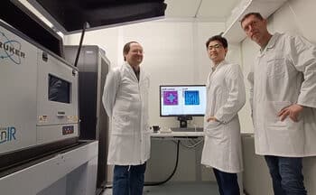 Bruker’s Dimension IconIR system at imec with (left to right) Hartmut Stadler (Bruker), Dowon Kim (imec) and Marcel Laarhoven