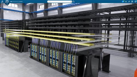 Vertiv AI factory equipment data rendered in a virtual twin using Dassault Systèmes' 3DEXPERIENCE platform. Images Dassault Systèmes and Vertiv.
